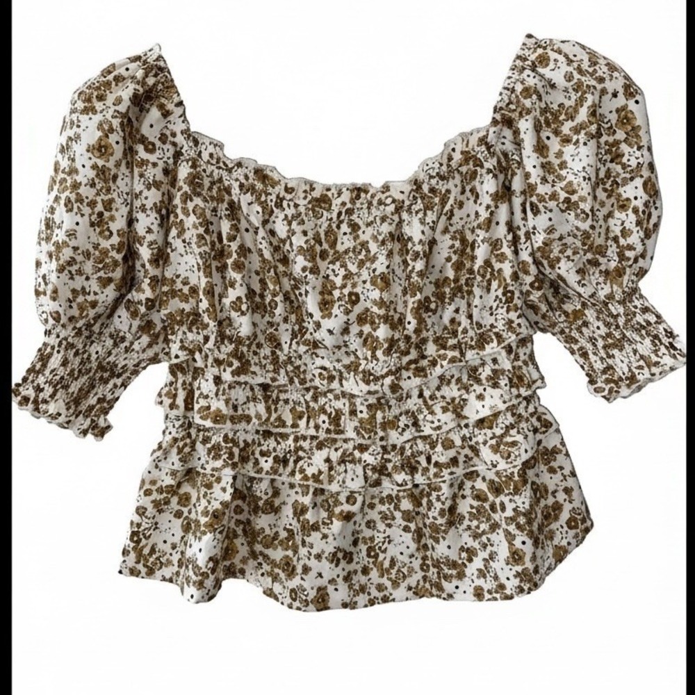 Floral Smocked Peplum Shirt Womens Large Puff Sleeve Blouse Coquet Twee Boho